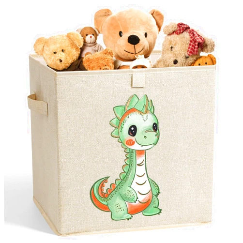 Bosyarthm 13 inch Cube Storage Bins, Foldable Storage Boxes, Cubby Storage Organizer for Nursery, Playroom, Bedroom, Closet, Dinosaur, Beige