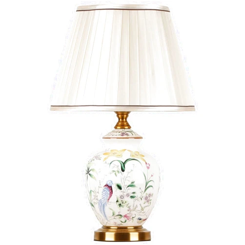 CEKUXPS Chinoiserie Ceramic Table Lamp, American Flower&Bird LED Bedside Lamp, Classic White Fabric Lampshade Desk Nightstand Lamp for Bedroom Living Room Office College Bookcase