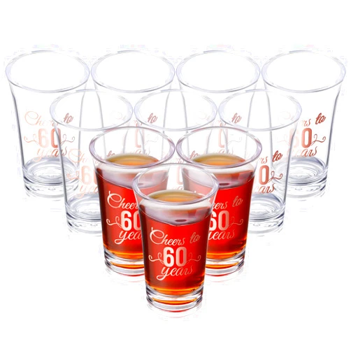 Sliner 48 Pcs Birthday Shot Glasses Bulk, Unbreakable 1.4 oz Rose Gold Shot Glass Mini Clear Plastic Shot Glass Thick Base Anniversary Favors for Guests Birthday Wedding (for 60 Years)