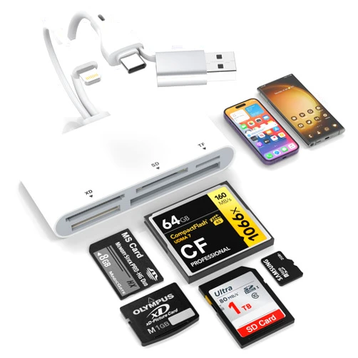 Quanlex 5-in-3 Memory Card Reader, Lightnin-Type C-USB A Three Connector to SD/TF/CF/Micro SD/XD/MS USB OTG Adapter, Multi Memory Card Reader for iPad/iPhone/Android/MacBook/PC with Mac/Windows/Linux/Android