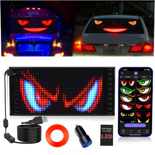 RAYHOME Double Row Devil Eyes Light for Car LED Light Sign for Car, 10.6''x4.7'' Scrolling Flexible 5V/2A Bluetooth APP Control LED Car Sign Custom Text Message Pattern Programmable LED Display