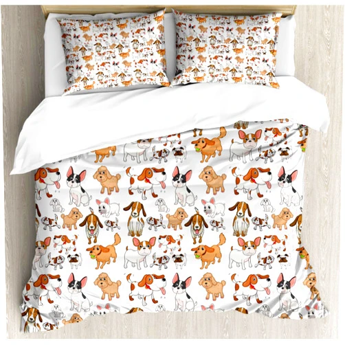 Ambesonne Dog Lover Duvet Cover Set, Cartoon Style Chihuahua Terrier Bulldog Beagle Funny Characters Purebred Pets, Decorative 3 Piece Bedding Set with 2 Pillow Shams, California King, Pastel Brown