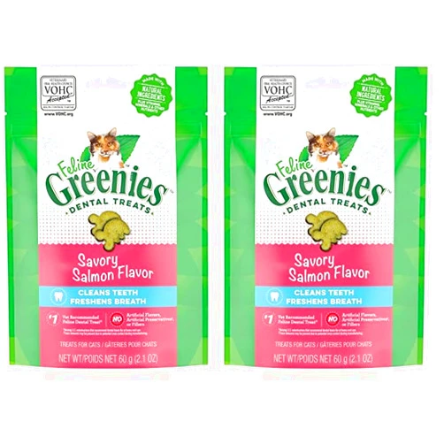 Greenies Feline Adult Natural Dental Care Cat Treats, Savory Salmon Flavor, 2.1 oz. Pouch (Pack of 2)