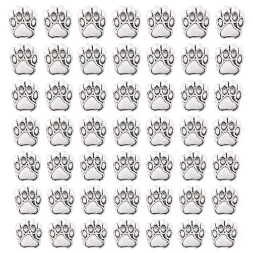 Azure Zone 50 Pack Pet Dog Paw Footprint Beads Silver Puppy Paw Big Hole Print Metal Bead Charm Pendant for European Jewelry Making Necklace Bracelet
