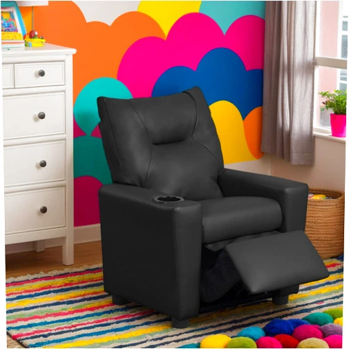 AnwickNomo Modern PU Leather Kids Recliner Chair with Cup Holder, Adjustable 2-in-1 Kids Single Couch for Boys Girls (Black-1)