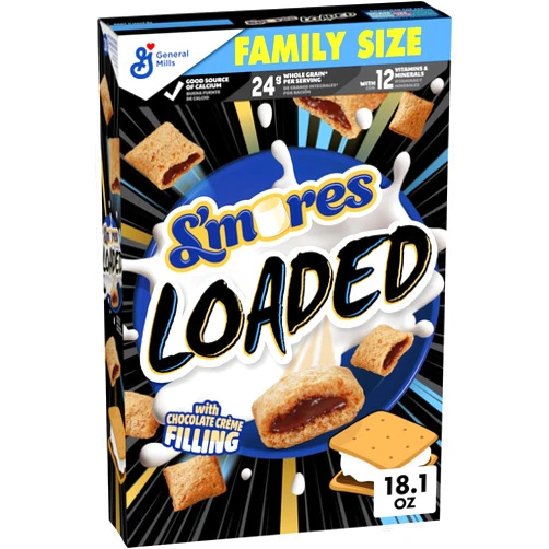 General Mills S'mores Loaded Cereal, Crispy Cereal with Naturally and Artificially Flavored Chocolate Creme Filling, Made with Whole Grain, Family Size, 18.1 oz