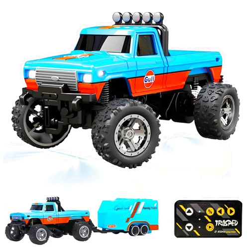 EZBNG Mini RC Monster Truck, Mini RC Monster Truck USBC Rechargeable Underflow with Trailer, 1:64 Scale Monster Truck Remote Control Car with Lights, 2.4Ghz Remote Control (Orange Blue)