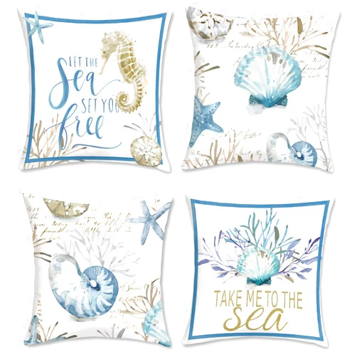 Bonhause Nautical Coastal Throw Pillow Covers 18x18 Set of 4 Ocean Themed Beach Seashell Coral Starfish Pillows Case Soft Velvet Cushion Covers for Outdoor Sofa Home Decor