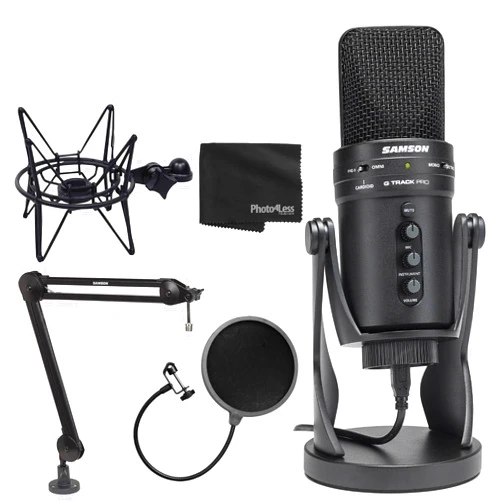 Samson G-Track Pro USB 24-bit Studio Condenser Mic with Audio Interface, Shock Mount, Microphone Boom Arm, Pop Filter - Deluxe Bundle