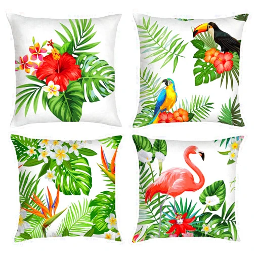 Basic Model 4 Pcs Decorative Throw Pillow Covers Flamingo Tropical Leaves Pillowcases 18x18 Inch Soft Square Cotton Linen Cushion Covers for Summer Decor Sofa Bed Couch