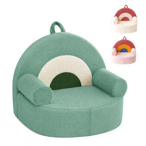 Blissful Diary Toddler Chair Comfy, Foam Kids Chair with Soft Teddy Plush, Toddler Reading Armchair with Cute Rainbow Designs- Sage Green