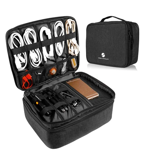 ORIENT FAMULAY Travel Electronics Organizer, Waterproof Cable Organizer Bag for Electronic Accessories Double Layer Large Shockproof Cable Storage Bag for Cord, Power Bank, Tablet(Up to iPad 11 inch) - Black