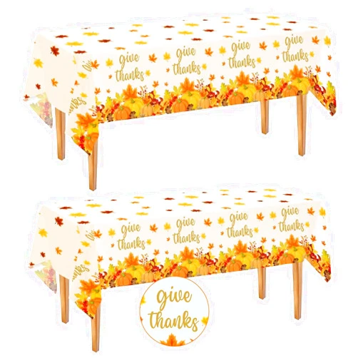 PADELO 2 Pack Thanksgiving Tablecloth Disposable - Fall Plastic Table Cloth Rectangular, Give Thanks Pumpkin Maple Leaves Waterproof Table Cover for Home Harvest Thanksgiving Table Decor, 54 x 108 Inch
