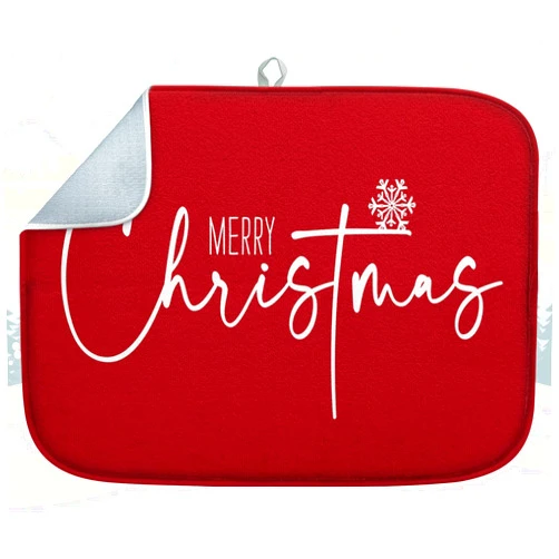 Sanwarm Dish Drying Mat, Merry Christmas Snowflakes Red Happy Absorbent Microfiber Pad for Kitchen Counter Decor, Heat Resistant and Reversible, 16