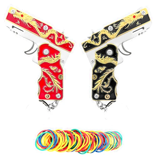 Generic 2pcs Rubber Band Gun Toy Mini Golden Dragon Metal Foldable Keychain: Creative and Fun Outdoor Party with Colored Rubber Bands