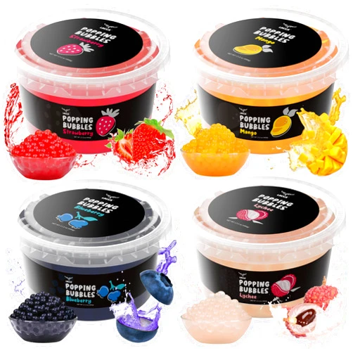 LOCCA Popping Boba Pearls Kit with Mango Lychee Blueberry Strawberry Boba Flavors (4 x 17oz) | Boba Tea Sago Pearls Kit | Boba Popping Pearls for Bubble Tea Jelly 4 Flavors