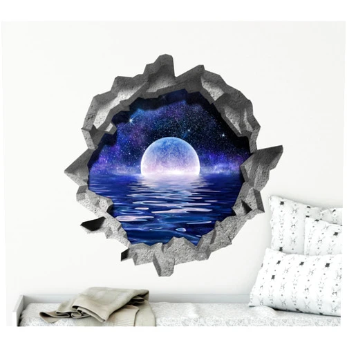 Stickit Graphix 3D Hole in The Wall Decal - Infinity Lake Moonrise - Fantasy Galaxy Moon - 3D Window Sticker - Removable Fabric Wall Sticker - Peel & Stick (30