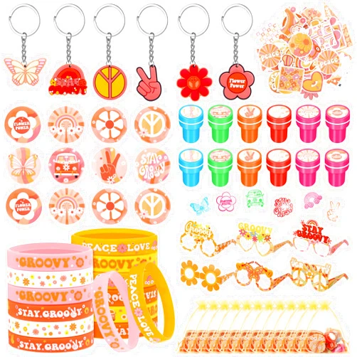 Sasylvia 122 Pcs Groovy Party Favors Retro Hippie Party Gifts Set Silicone Wristbands Keychains Badges Glasses Stickers Boho Stampers Gift Bags for Groovy Birthday Baby Shower Class Reward Supplies