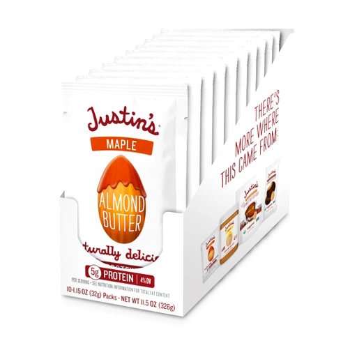 Justin's Maple Almond Butter Squeeze Packs, Gluten-free, Non-GMO, Responsibly Sourced, Pack of 10 (1.15oz each)
