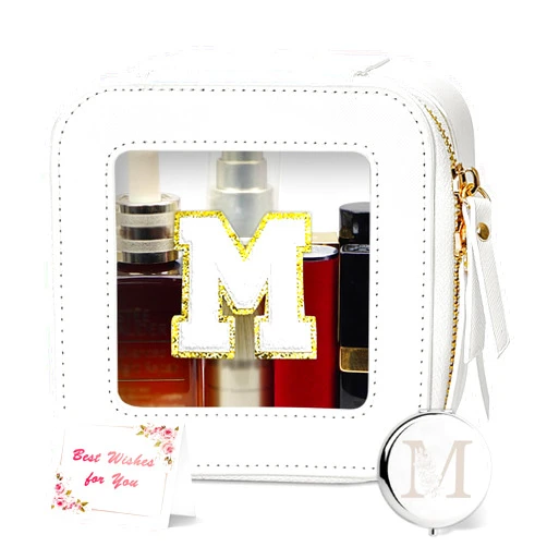 Amgkonp Initial Makeup Bag,Mini Clear Makeup Bag,Personalized Small Clear Cosmetic Bag,Travel Makeup Bag Organizer,Cute Clear Waterproof Toiletry Bag with Zipper,Gifts for Women-M