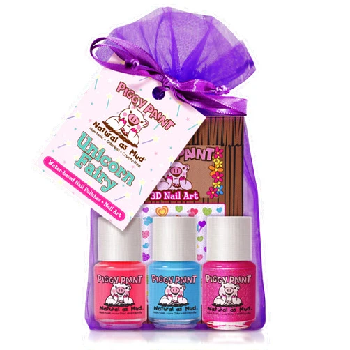 Piggy Paint | 100% Non-Toxic Girls Nail Polish | Safe, Cruelty-free, Vegan, & Low Odor for Kids | Unicorn Fairy (3 Polish + Nail Art Gift Set)