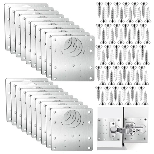 Xosjska 20 PCS Upgraded Cabinet Hinge Repair Plate Kit, Stainless Steel Hinge Repair Brackets Kit, Metal Hinges Repairs Fixing Plates with Screw for Kitchen Cupboard Door Locker Cabinet Door