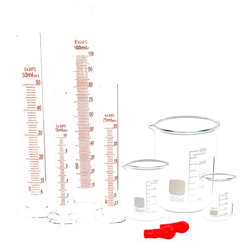 SUPERLELE Glass Graduated Cylinder Set 10ml 25ml 50ml 100ml, Thick Glass Beaker Set 50ml 100ml 250ml with 2 Droppers
