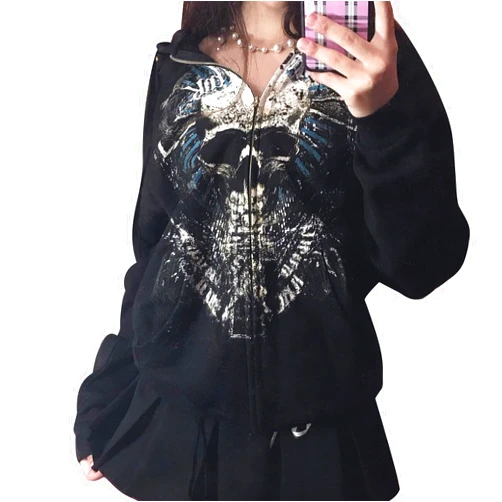 DSORVICD Women Zip Up Hoodie Y2k Vintage Skeleton Graphic Oversized Hooded Sweatshirt Aesthetic Jacket Grunge Clothes