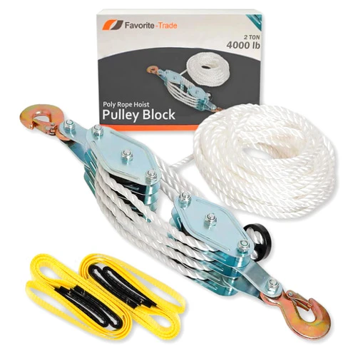 Favorite-Trade Poly Rope Hoist Pulley Block, 4000 LB 2 Ton 65 Feet of 3/8 “, 7:1 Lifting Power, Pulley Hoist For Lift Furniture, Motorcycles, Bicycles (Pulley Block with 2 Straps)