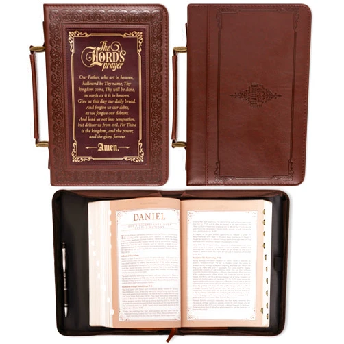 Christian Art Gifts Classic Bible & Book Cover for Men & Women: The Lord's Prayer - Matthew 6:9-13 Inspirational Scripture Carry Case Accessory with Pockets, Walnut Brown & Burgundy with Gold, Medium