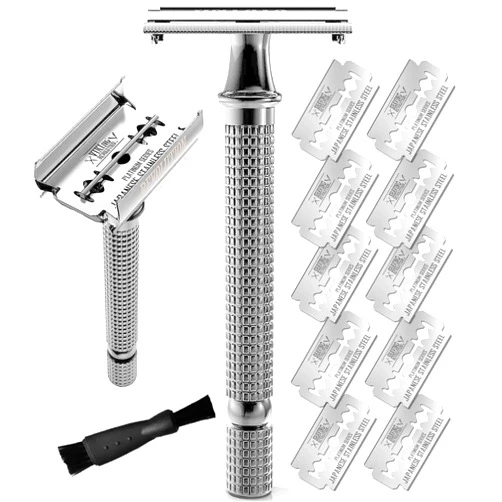 SHAVING REVOLUTION Viking Revolution Long Handle Double Edge Safety Razor - Butterfly Open with 10 Japanese Stainless Steel Blades - Close, Clean Shaving for Men (Chrome Metal)