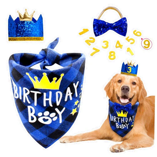 Doonly Dog Birthday Party Supplies, Boy Dog Birthday Bandana Set with Cute Dog Bow Tie, Crown Hat with Numbers for Small Medium Large Dogs, Blue Dog Birthday Outfit (Blue)