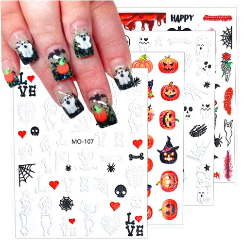 KEHKFSEF 4pcs Cartoon Ghost Pumpkin Halloween Nail Art Stickers 5D Embossed Skull Ghost Rose Scar Spider Bat Nail Decals Skeleton Nail Stickers Nail Supplies DIY Holiday Manicure Decorations for Women Girls
