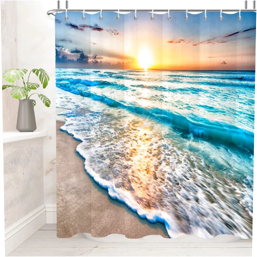 GCIREC Ocean Beach Shower Curtain, Summer Tropical Ocean Waves Sunset Coastal Hawaii Cool Sea Seaside Scene Island Bathroom Curtain Waterproof Fabric Machine Washable with 12 Hooks