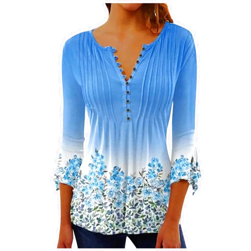 Shusuen Hide Belly Trendy Tops for Women V Neck Button Pleated Flare Tunic Blouse Bell 3/4 Sleeve Solid Flowy Henley Shirts