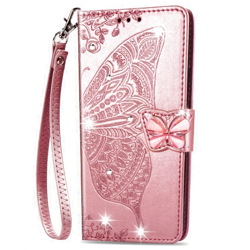 ONV Wallet Case for Google Pixel 7 Pro - Glitter Butterfly Embossed Leather Folio Case Magnet Card Slot Kickstand Wrist Strap +TPU Shell for Google Pixel 7 Pro [HZD] -Rosegold