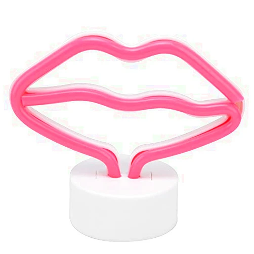 Hyuduo Lip Shaped LED Neon Signs Light, PVC Plastic Pink Lip‑Shaped Neon Lamp with Stand USB Powered for Baby Room Party Home Decor,Desk lamp
