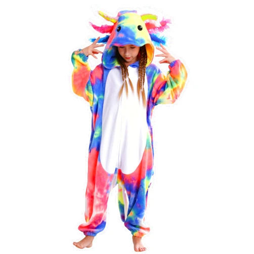 SimZoo Kids Animal Pajamas, 3-13 Years Boy and Girls Tie Dye Axolotl Red Blue Cosplay Costume Sleepwear, One-Piece Unisex Homewear