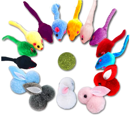 KAYUSITER Furry Cat Toys Mice Rattle Interactive Mouse Toy for Indoor Cats Catnip Ball Pet Play Fur Ball Rabbit Assorted Color