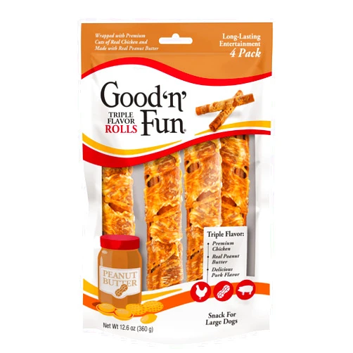 Good 'n' Fun Good ’n’ Fun Triple Flavor Large Rolls, 4 Count, Rawhide Chews for All Dogs