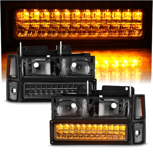 AKKON - For 1994-1998Chevy C/K Series Silverado Suburban Tahoe Pickup Truck Smoked Lens Headlight + LED Bumper + Corner Lamp Set