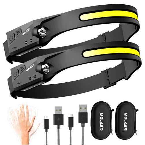 MOLAER LED Headlamp Rechargeable Flashlight, 2-Pack 230° Wide Beam Headlight with Motion Sensor, Lightweight, Weatherproof, 2 Light Source Head Lamp for Camping Hiking Running Outdoor - Adults and Kids