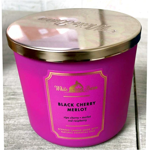 Bath & Body Works White Barn Candle Company Bath and Body Works 3-Wick Scented Candle w/Essential Oils - 14.5 oz -Black Cherry Merlot (ripe Cherry . Merlot red Raspberry ) )