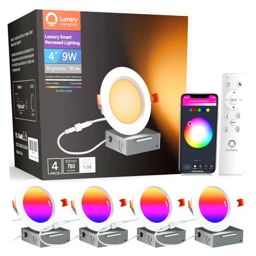 Lumary Smart Recessed Lighting 4 Inch, Canless WiFi Led Recessed Lights 9W, RGBWW Ceiling Downlight with Junction Box Ultra-Thin and Anti-Glare Trim Work with Alexa/Google Assistant/BT Remote 4PACK