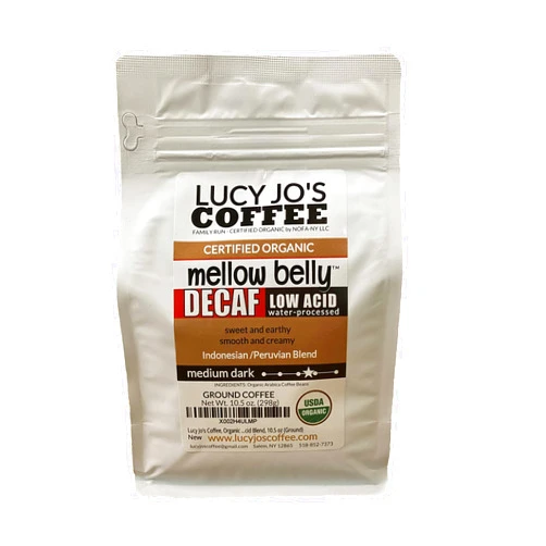 Lucy Jo's Coffee, Organic Decaf Mellow Belly Low Acid Blend, Medium Dark, 10.5 oz (Ground)