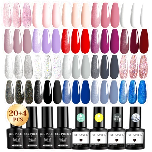 Gelfavor 20 PCS Gel Polish with 4 PCS Base Coat Matte Glossy Glitter Top Coat Soak Off Gel Nail Polish Collection Silver Black Blue Gel Polish Colors