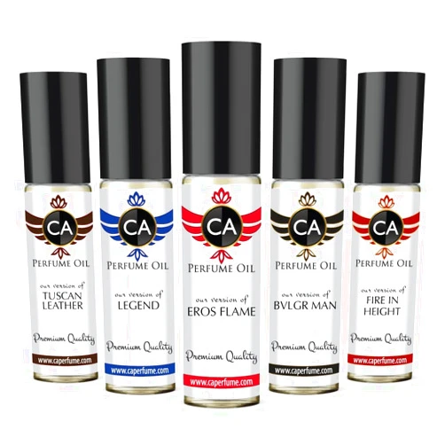 CA Perfume Best Fall Men Set Impression of (Eros Flame + Bvl. Man + Legend + Fire In Height + Tuscan Leather) Fragrance Body Oils Essential Sample Travel Size Roll-On (0.3 Fl Oz/10 ml) x5