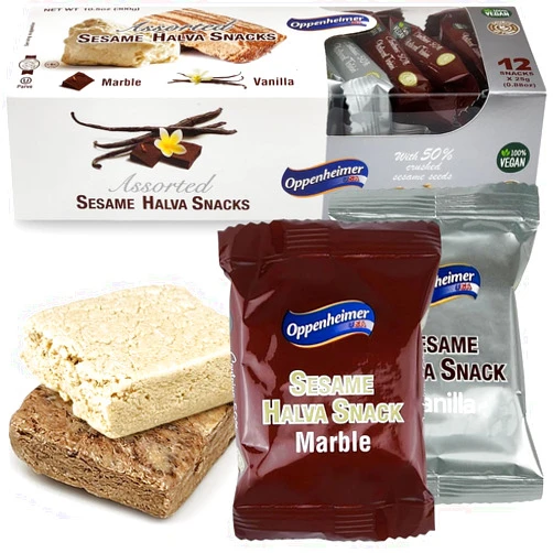Oppenheimer USA Assorted Sesame Halva Snacks Vanilla and Marble Flavors - Delicious Sweet Israeli Snacks Sesame Treat Bars Assortment for Melt-in-Your Mouth Delight, Vegan, Kosher - 12 Pack, 0.88 Oz Each (Total 25g)