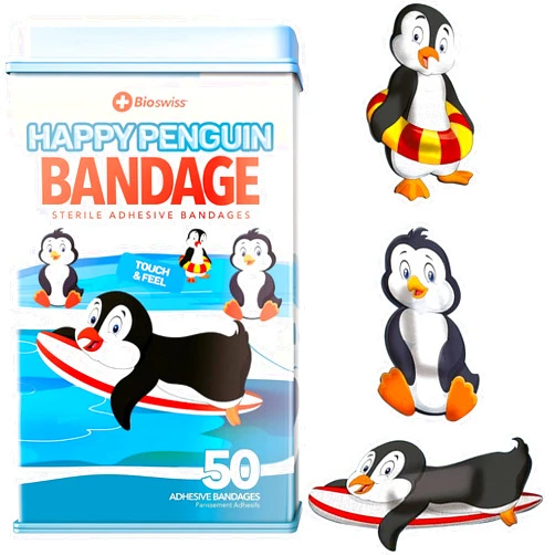 BioSwiss Bandages, Penguin Shaped Self Adhesive Bandage, Latex Free Sterile Wound Care, 50 Count