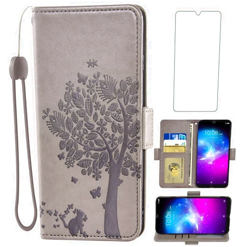 Asuwish Compatible with ZTE Blade A5 2020 Wallet Case and Tempered Glass Screen Protector Flip Purse Accessories Wrist Strap Credit Card Holder Stand Cell Phone Cover for A 5 5A 2020 4G LTE Men Gray